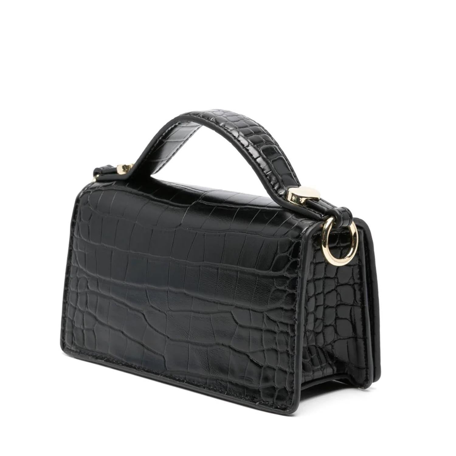 Black Crocodile Gold Padlock Mini Boston Doctor Handbag Cross Body Strap Bag